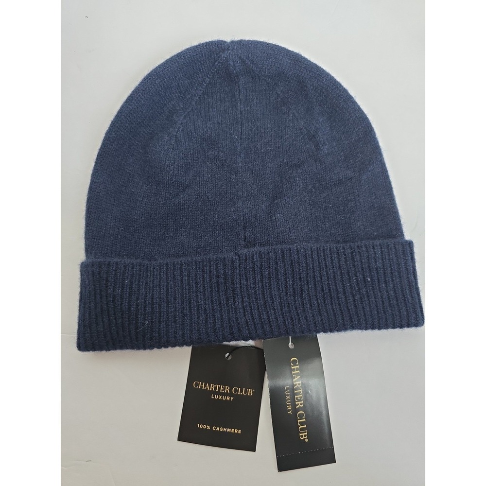Charter Club Luxury 100% Cashmere Cuffed Beanie in CC Admiral Navy Hat NWT